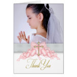 Pink Cross Photo First Communion Thank You Cards