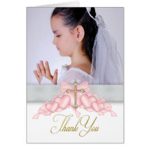 Pink Cross Photo First Communion Thank You Cards