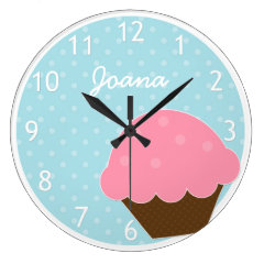 Pink Cupcake Blue Polka Dot Personalized Name Clock