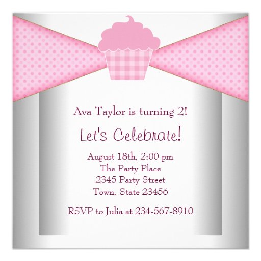 Pink Cupcake Heart Girls 2nd Birthday Party Announcements