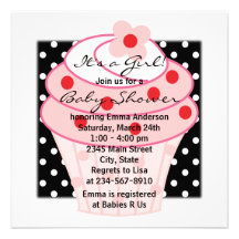 Pink Cupcake Pink Black Polka Dot Baby Shower Custom Announcement