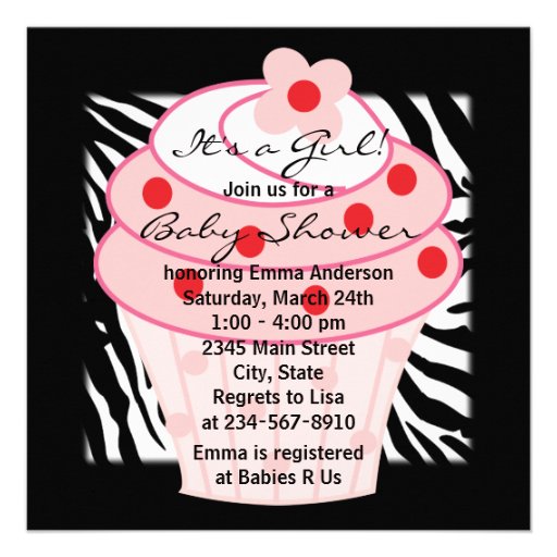 Pink Cupcake Pink Zebra Baby Shower Custom Invites