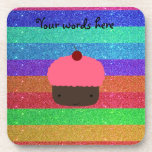 Pink cupcake rainbow glitter beverage coaster