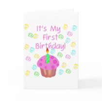 Pink Cupcake With Candle First Birthday Greeting Card