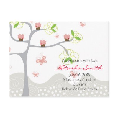 Pink Cupcakes On A Tree Baby Birth Announcement Postcard by fat_fa_tin