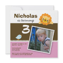 Pink Custom Lion & Birdie Birthday Party Invite invitations