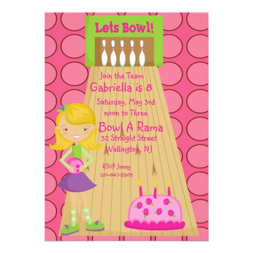 Pink, Cute, Girl Bowling Party Invitation