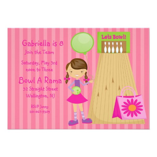 Pink, Cute,Striped Girl Bowling Party Invitation
