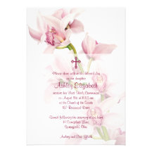 Pink Cymbidium Orchid First Communion Invitation