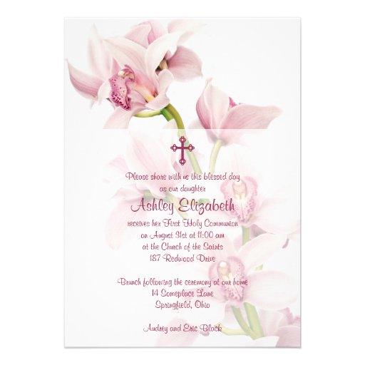 Pink Cymbidium Orchid First Communion Invitation