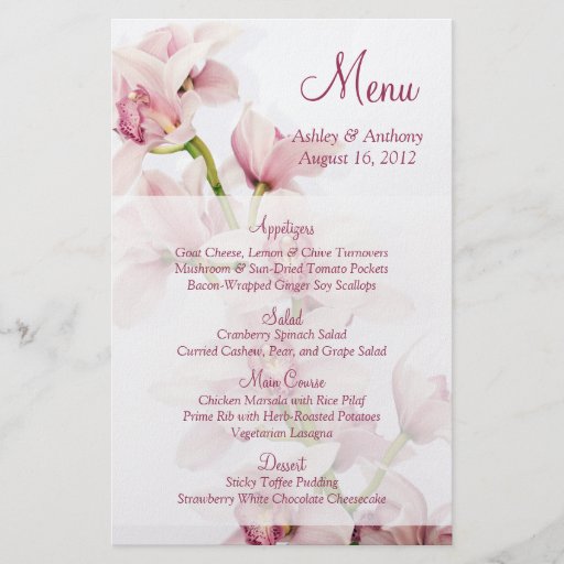 Pink Cymbidium Orchid Floral Wedding Menu Card Flyer