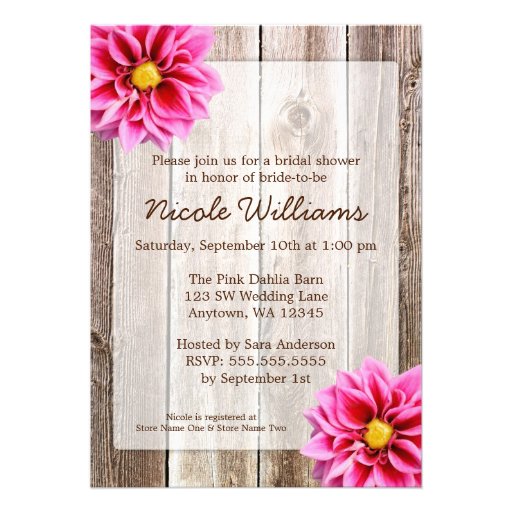 Pink Dahlia Rustic Barn Wood Bridal Shower Personalized Invite
