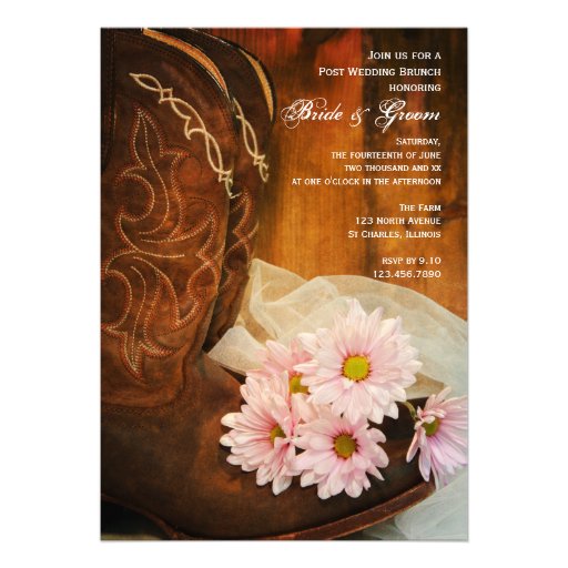 Pink Daisies and Boots Country Post Wedding Brunch Personalized Invitation (front side)