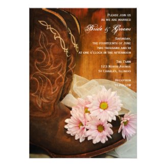 Pink Daisies and Boots Country Wedding Invitation