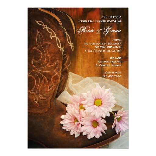 Pink Daisies and Boots Wedding Rehearsal Dinner Invitations