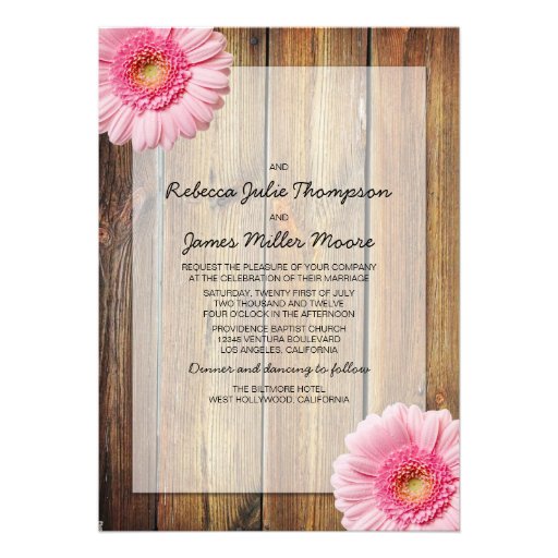 Pink Daisy Barn Wood Wedding Invitation (front side)
