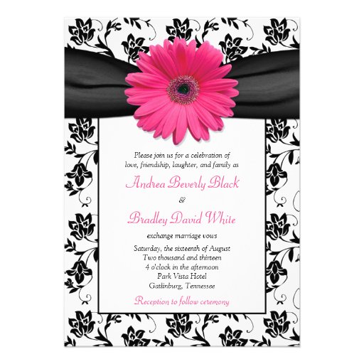 Pink Daisy Black White Floral Wedding Invitation