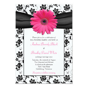Pink Daisy Black White Floral Wedding Invitation