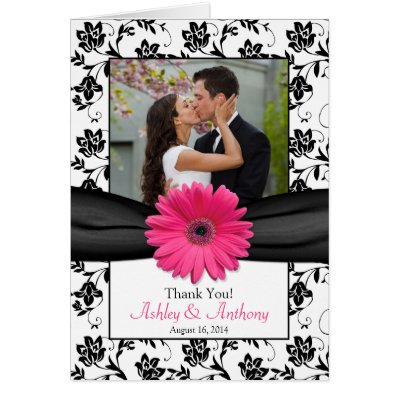 Pink Daisy Black White Floral Wedding Thank You Card