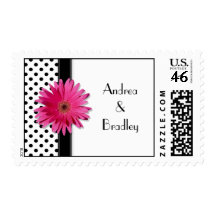 Pink Daisy Black White Polka Dot Wedding Postage