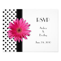 Pink Daisy Black White Polka Dot Wedding RSVP Personalized Invites