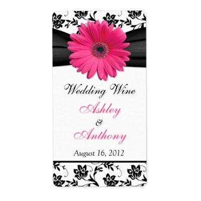 Pink Daisy Damask Wedding Wine Bottle Labels