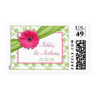 Pink Daisy Green Damask Floral Wedding Postage