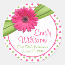 Pink Daisy Green White Polka Dots First Communion Round Sticker