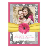Pink Daisy Grey Yellow Damask Photo Save the Date Custom Invitations