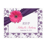 Pink Daisy Purple Damask Wedding RSVP Postcard