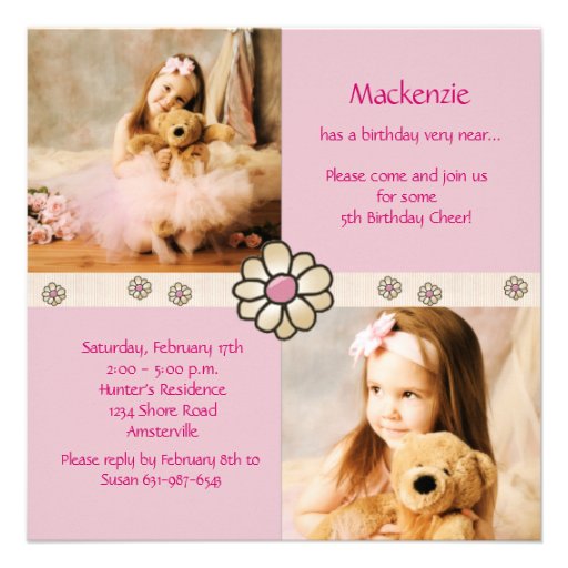 Pink Daisy Square - Photo Birthday Party Invitatio Announcement (front side)
