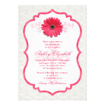 Pink Daisy White Lace First Communion Invitation