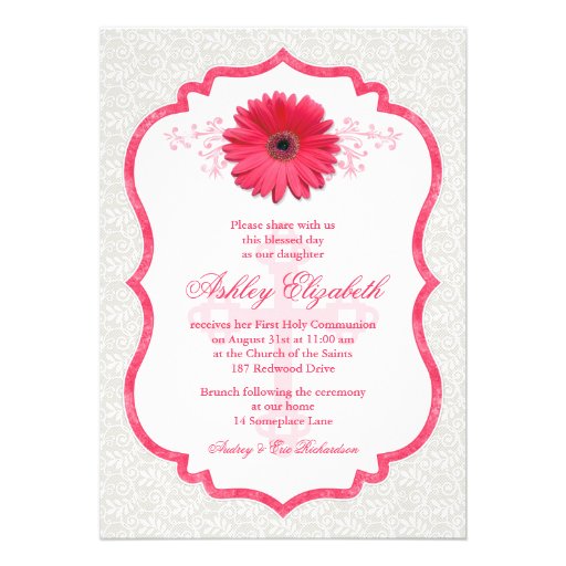 Pink Daisy White Lace First Communion Invitation