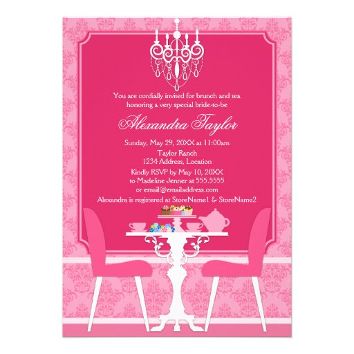 Pink Damask and Chandelier Bridal Tea Party Personalized Announcement