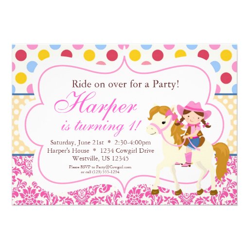 Pink Damask and Polka Dot Cowgirl Birthday Party Personalized Announcement