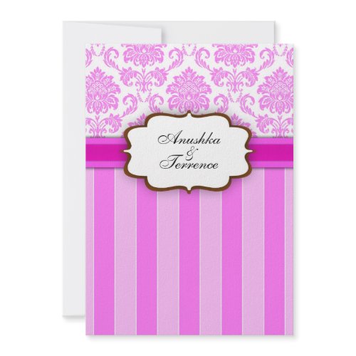 Pink Damask and Stripes Wedding Invitation invitation