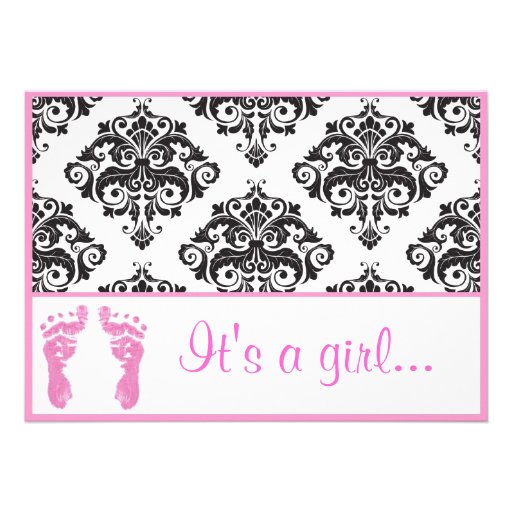 Pink Damask Baby Feet Girl Baby Shower Invitations