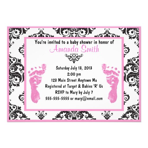 Pink Damask Baby Feet Girl Baby Shower Invitations (front side)