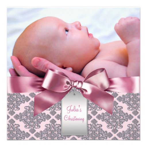 Pink Damask Baby Girl Photo Christening Invitations
