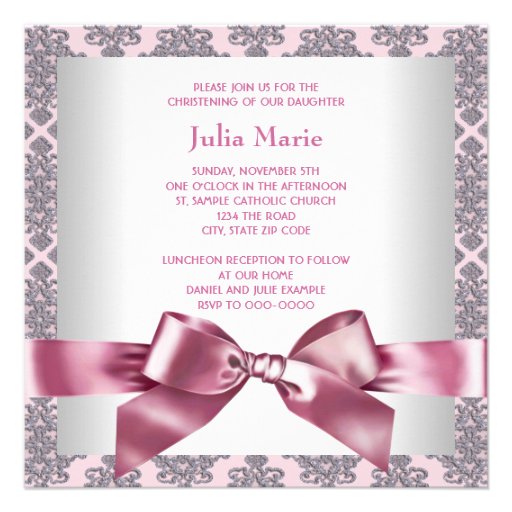 Pink Damask Baby Girl Photo Christening Invitations