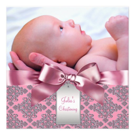 Pink Damask Baby Girl Photo Christening Announcement
