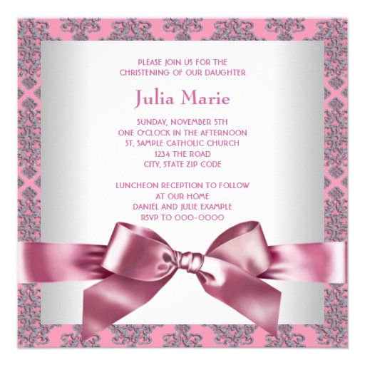Pink Damask Baby Girl Photo Christening Announcement