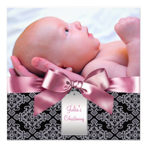 Pink Damask Baby Girl Photo Christening Announcements (front side)