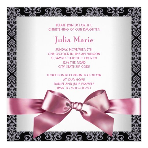 Pink Damask Baby Girl Photo Christening Announcements