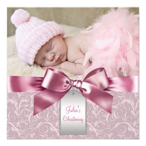 Pink Damask Baby Girl Photo Christening Invite