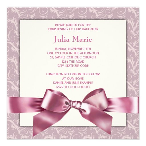 Pink Damask Baby Girl Photo Christening Invite
