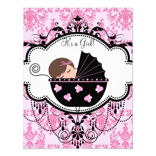 Pink Damask Baby Girl Shower Invitations