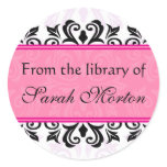 Pink damask bookplates/book labels round sticker