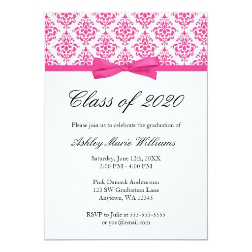 Pink Damask Bow Graduation Announcement 5" X 7" Invitation Card (front side)