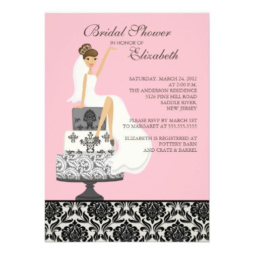 Pink Damask Brunette Bride Bridal Shower Custom Invite